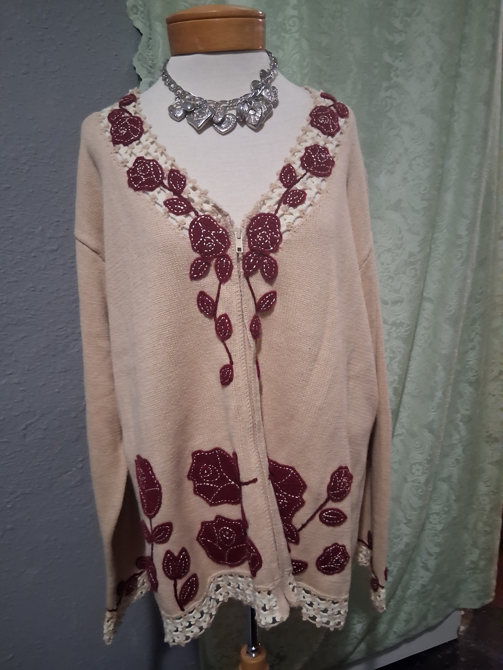 Storybook Knits Cream Cardigan with Burgundy Rose Appliqué